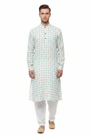 Blue and beige Arvind linen checks unstitched shirting fabric, showcasing a classic checked pattern for tailoring or sewing projects.
