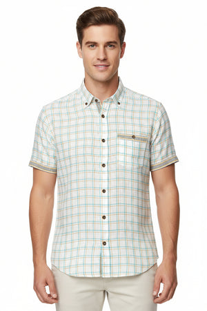 Blue and beige Arvind linen checks shirting fabric with a classic checked pattern, ideal for custom shirts and lightweight garments.