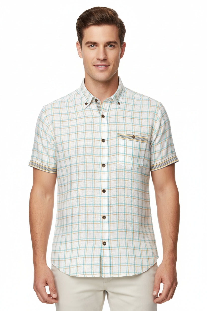 Blue and beige Arvind linen checks shirting fabric with a classic checked pattern, ideal for custom shirts and lightweight garments.