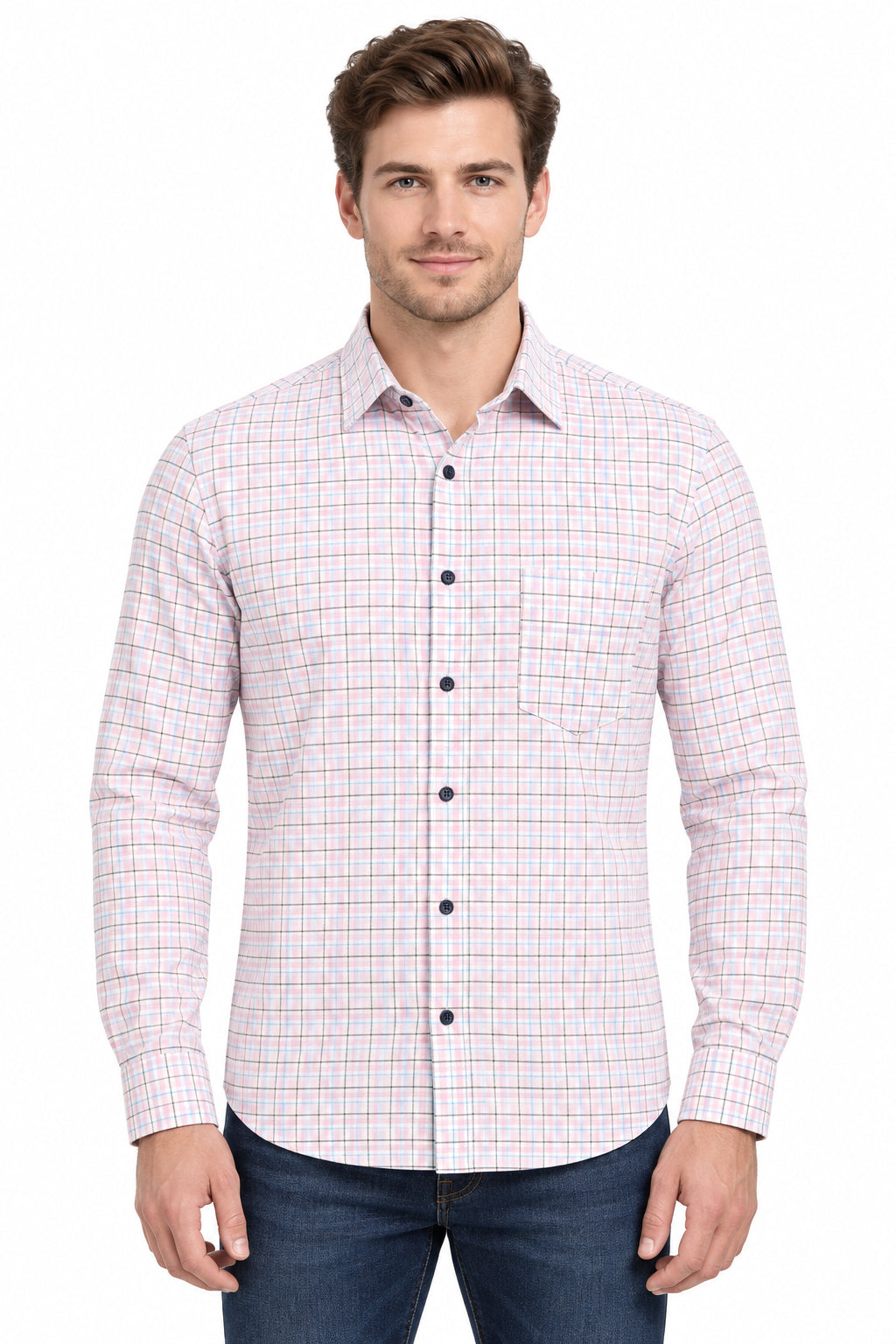 Light pink Giza cotton shirting fabric with check pattern from Arvind Tresca collection, ideal for stylish dress shirts.