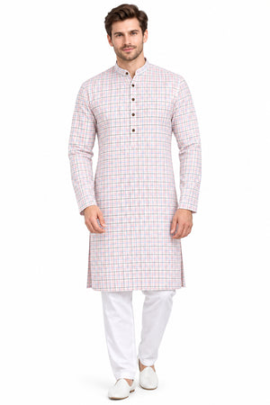 Light pink checks on Arvind Tresca Giza Cotton shirting fabric, close-up view of the textured textile pattern.