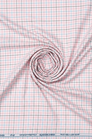 Light pink Arvind Checks cotton shirting fabric with a classic check pattern, ideal for stylish shirts and clothing.