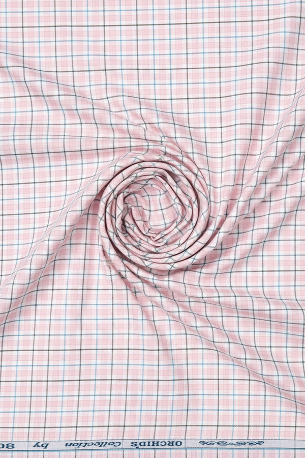 Light pink Arvind Tresca Giza cotton shirting fabric with check pattern, suitable for stylish shirts and clothing.