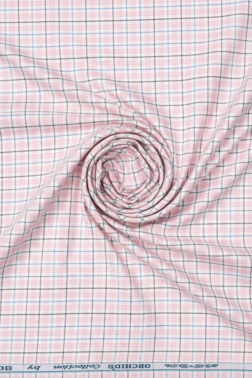 Light pink Arvind Checks cotton shirting fabric with a classic check pattern, ideal for stylish shirts and clothing.