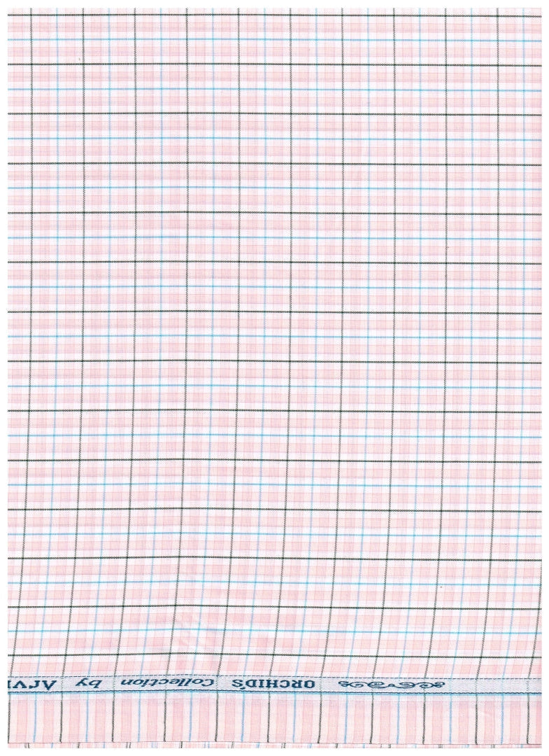 Light pink Arvind Tresca Giza cotton shirting fabric with check pattern, showcasing soft checks and smooth texture.