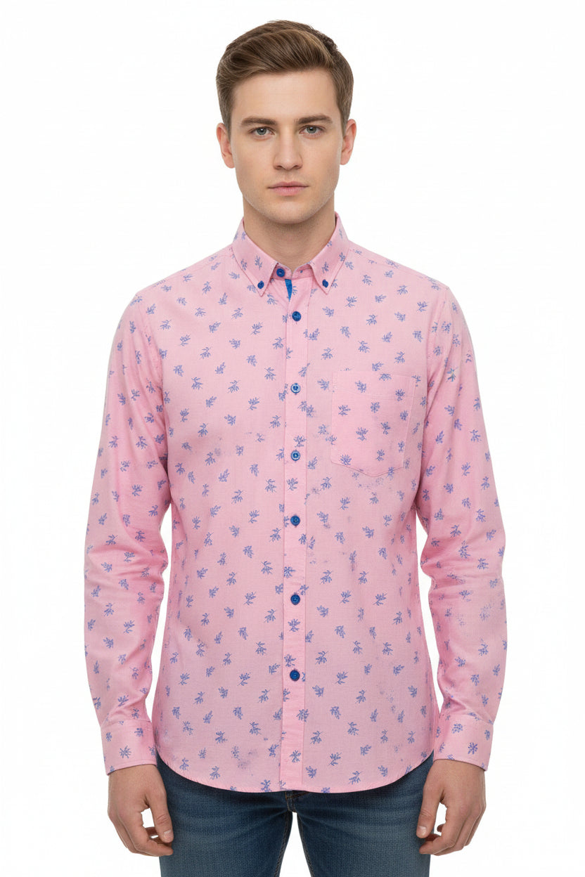 Pink Arvind Cotton Printed Shirting Fabric showcasing vibrant cotton fabric with floral print pattern.