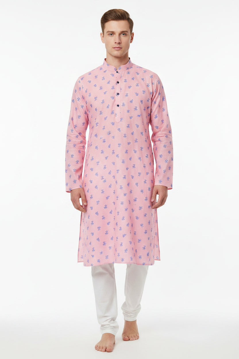 Pink Arvind cotton printed shirting fabric with intricate patterns, showcasing soft cotton texture and vibrant design.
