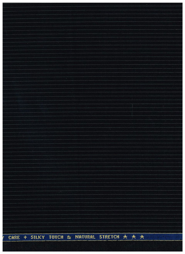 Raymond Techno Stretch poly wool suiting fabric in black and white stripe, suitable for tailored suits and formal wear.