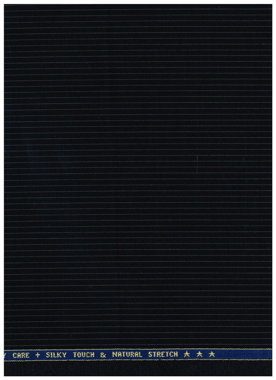 A close-up of a dark navy fabric with fine horizontal ribbed texture and a blue top border featuring gold text that reads 'CARE + SILKY TOUCH + NATURAL STRETCH'.