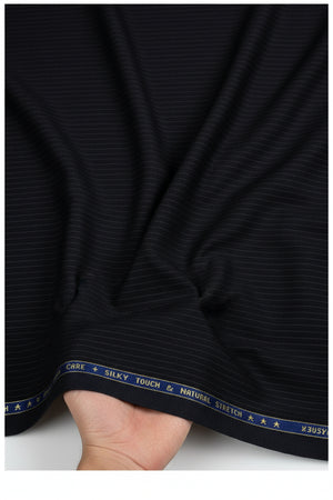 Raymond luxurious white pinstripe poly wool trouser fabric on black background, unstitched suiting material for tailored garments.