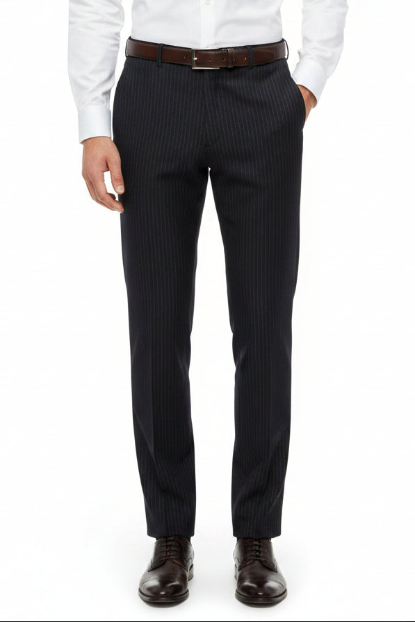 Raymond luxury unstitched poly wool trousers and suiting fabric in white pinstripe on black, displayed flat for tailoring.