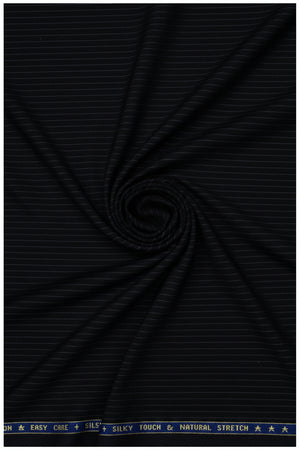 Raymond luxurious unstitched poly wool trousers and suiting fabric in white pinstripe on black background.
