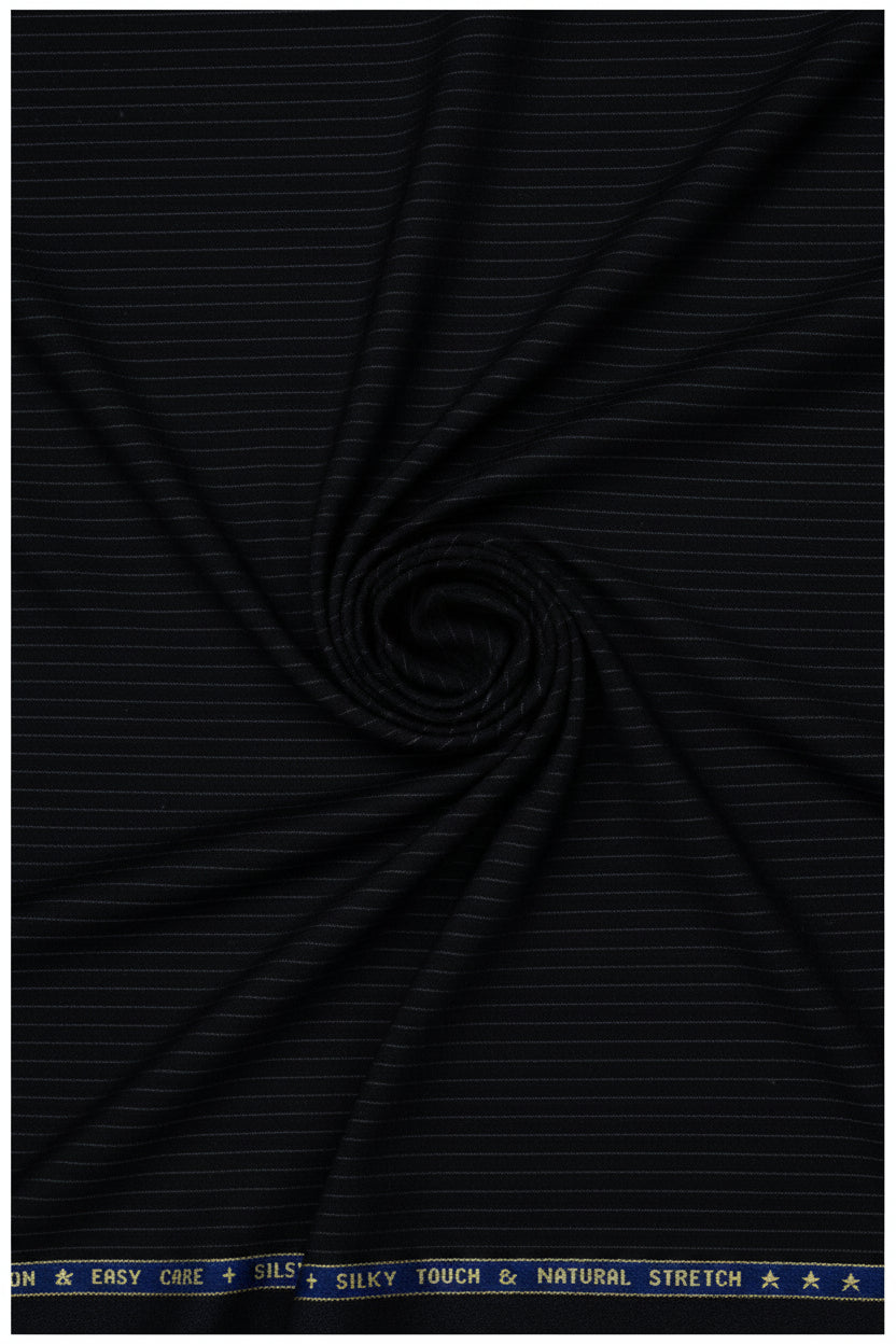 Raymond luxurious unstitched poly wool trousers and suiting fabric in white pinstripe on black background.