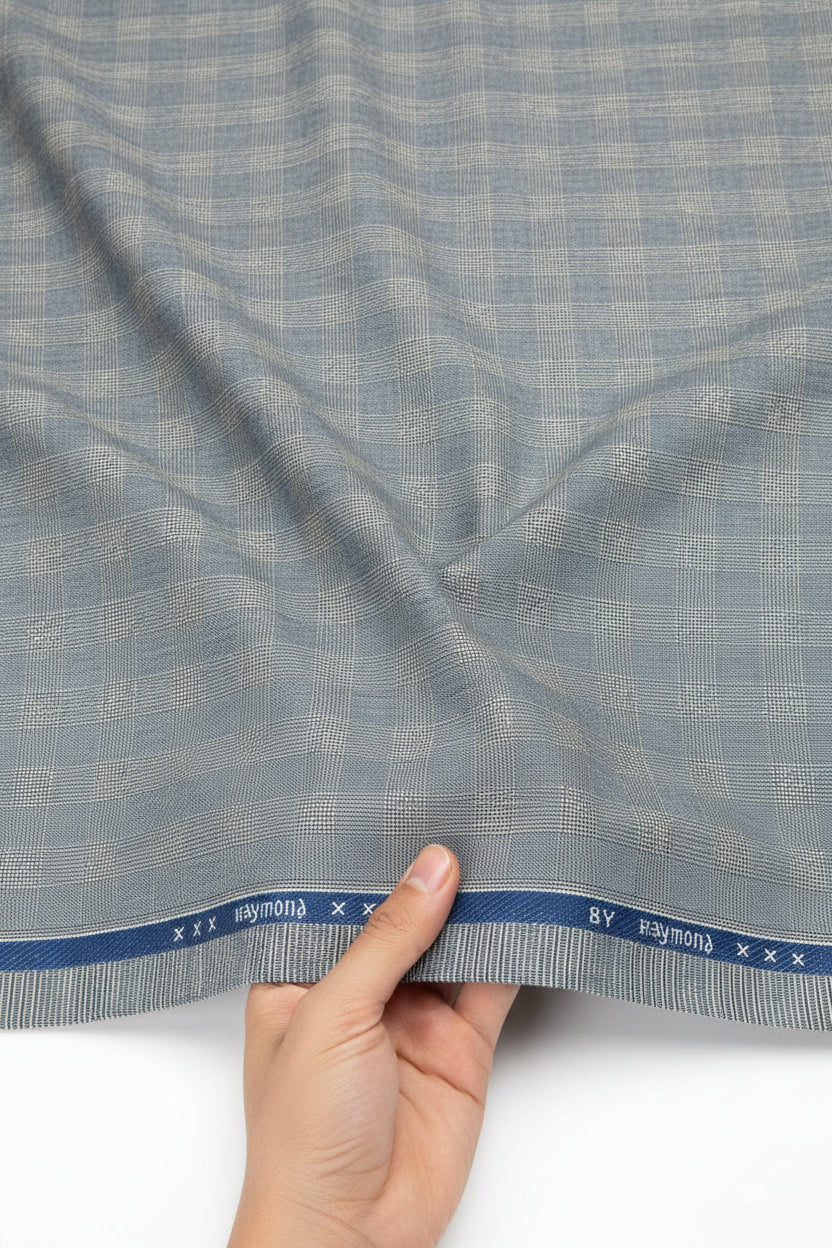 Silver grey Raymond Vintage Poly viscose suiting fabric with check pattern, suitable for tailored suits and formal wear.
