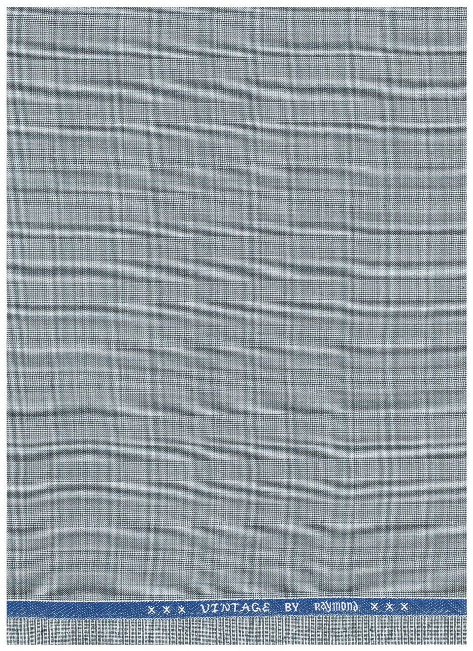 Raymond Vintage Poly Viscose Suiting Fabric with silver grey check pattern, close-up of textile texture and fabric details.