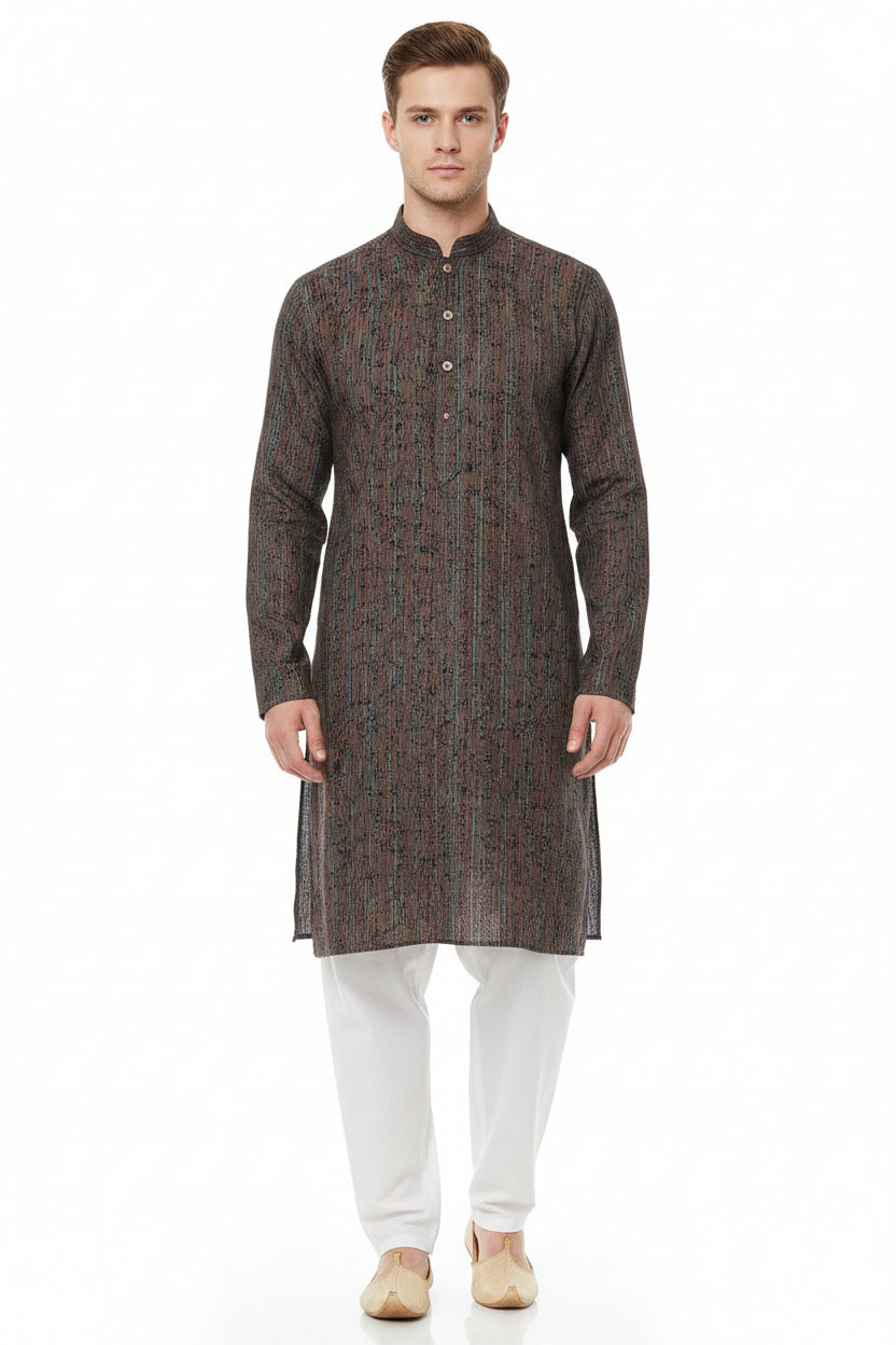 Brown Pee Gee digital print cotton shirting fabric with intricate design and smooth texture, ideal for stylish shirts and garments.