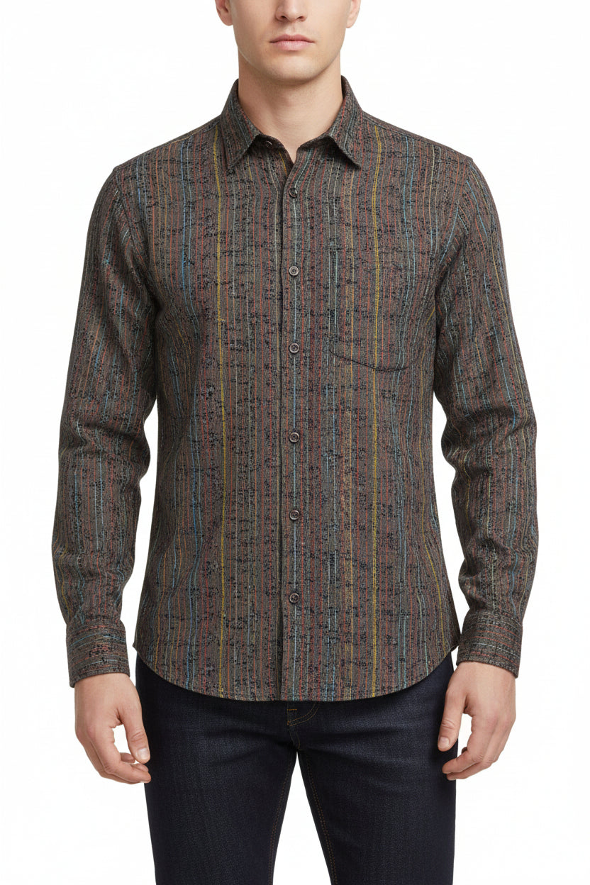 Brown Pee Gee digital print cotton shirting fabric showing intricate print design and soft textile texture.