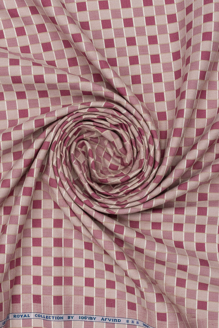 Checkered fabric with pink and white pattern, branded 'Royal Collection by Arvind'.