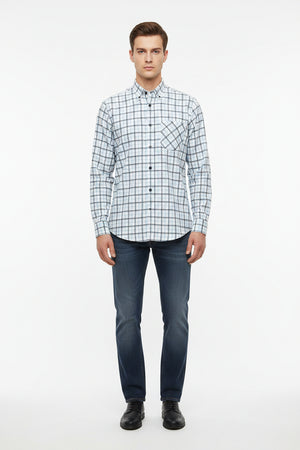 Light blue Arvind Checks Giza cotton shirting fabric with check pattern, suitable for shirts and lightweight apparel.