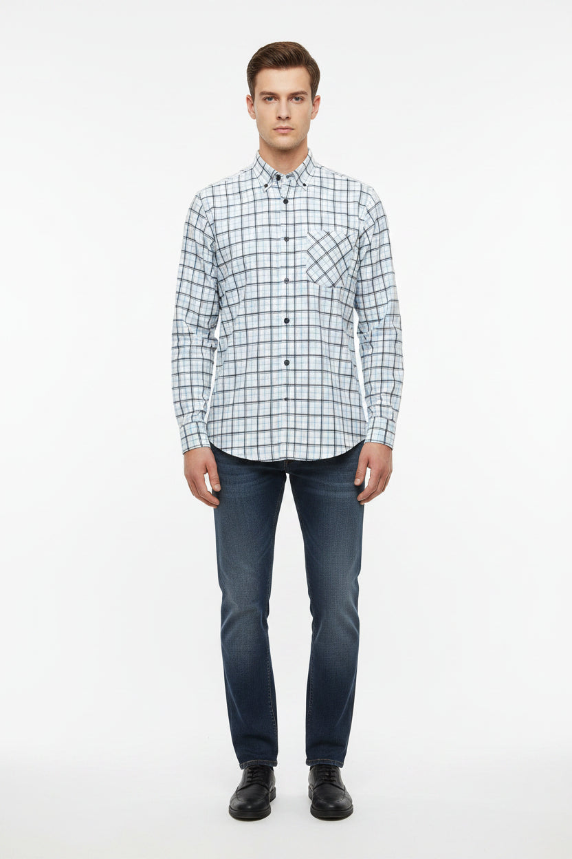 Light blue Arvind Checks Giza cotton shirting fabric with check pattern, suitable for shirts and lightweight apparel.