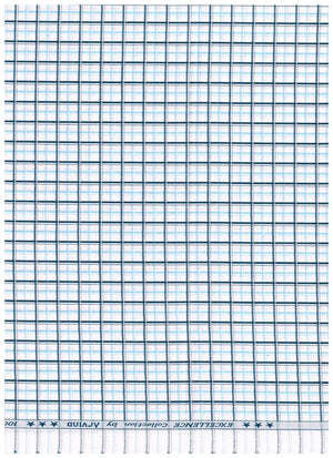 Light blue Arvind Checks Giza cotton shirting fabric, close-up of soft, woven cotton material with check pattern