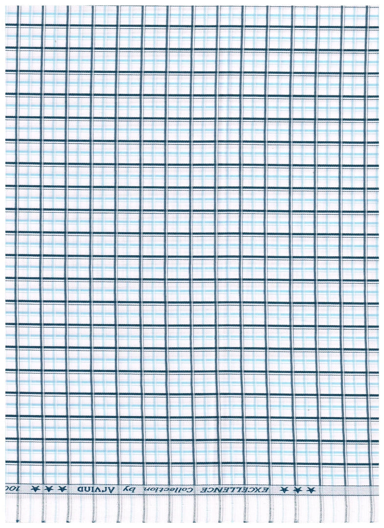 Light blue Arvind Checks Giza cotton shirting fabric, close-up of soft, woven cotton material with check pattern
