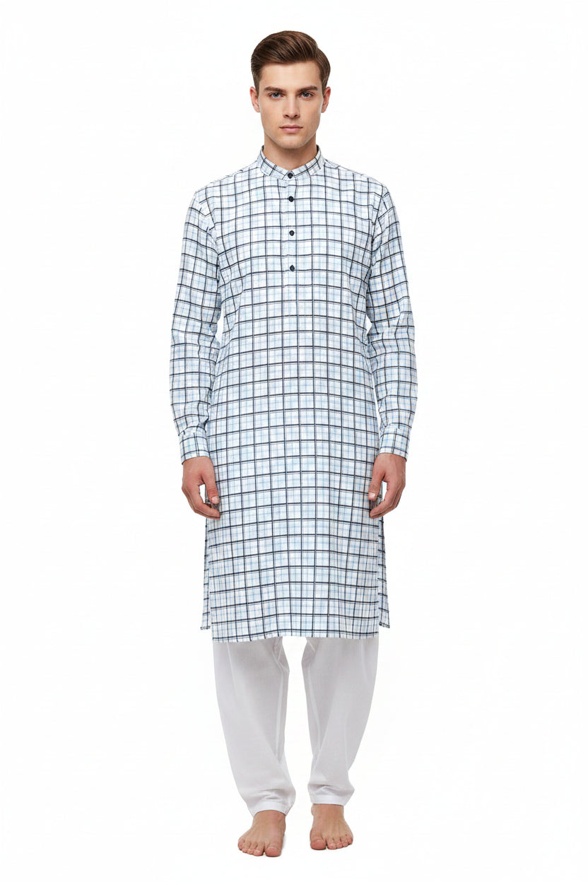Light blue Arvind Checks Giza Cotton Shirting Fabric showing a detailed pattern and soft cotton texture.