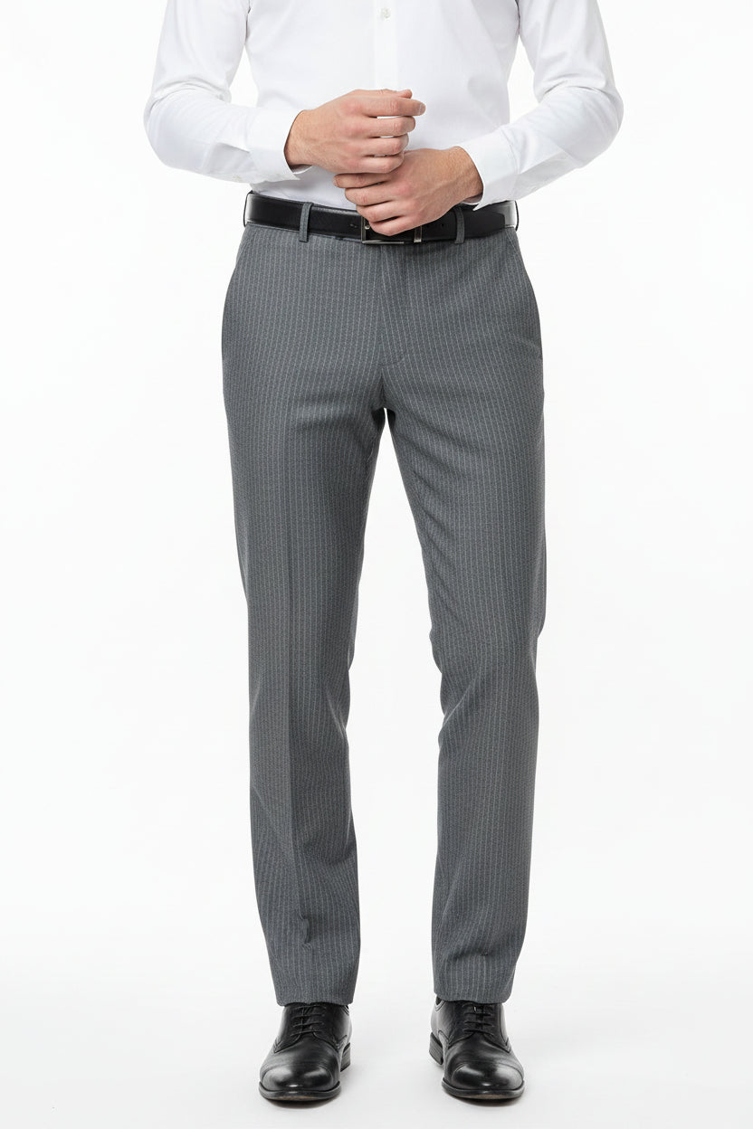 Grey Raymond poly wool trouser and suiting fabric, unstitched textile with a smooth, luxurious appearance for tailored suits.