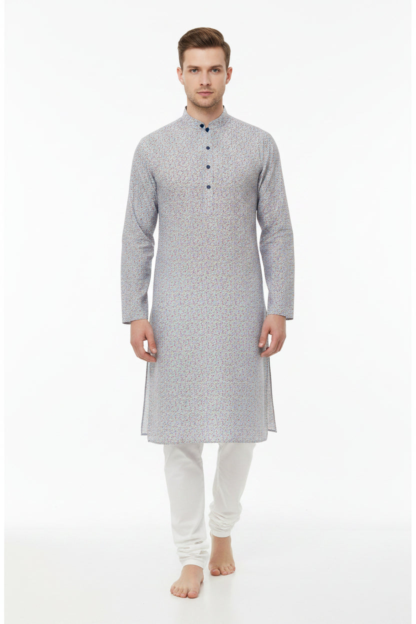 Lavender Pee Gee digital print cotton shirting fabric, showing a detailed close-up of the printed design and soft cotton texture.
