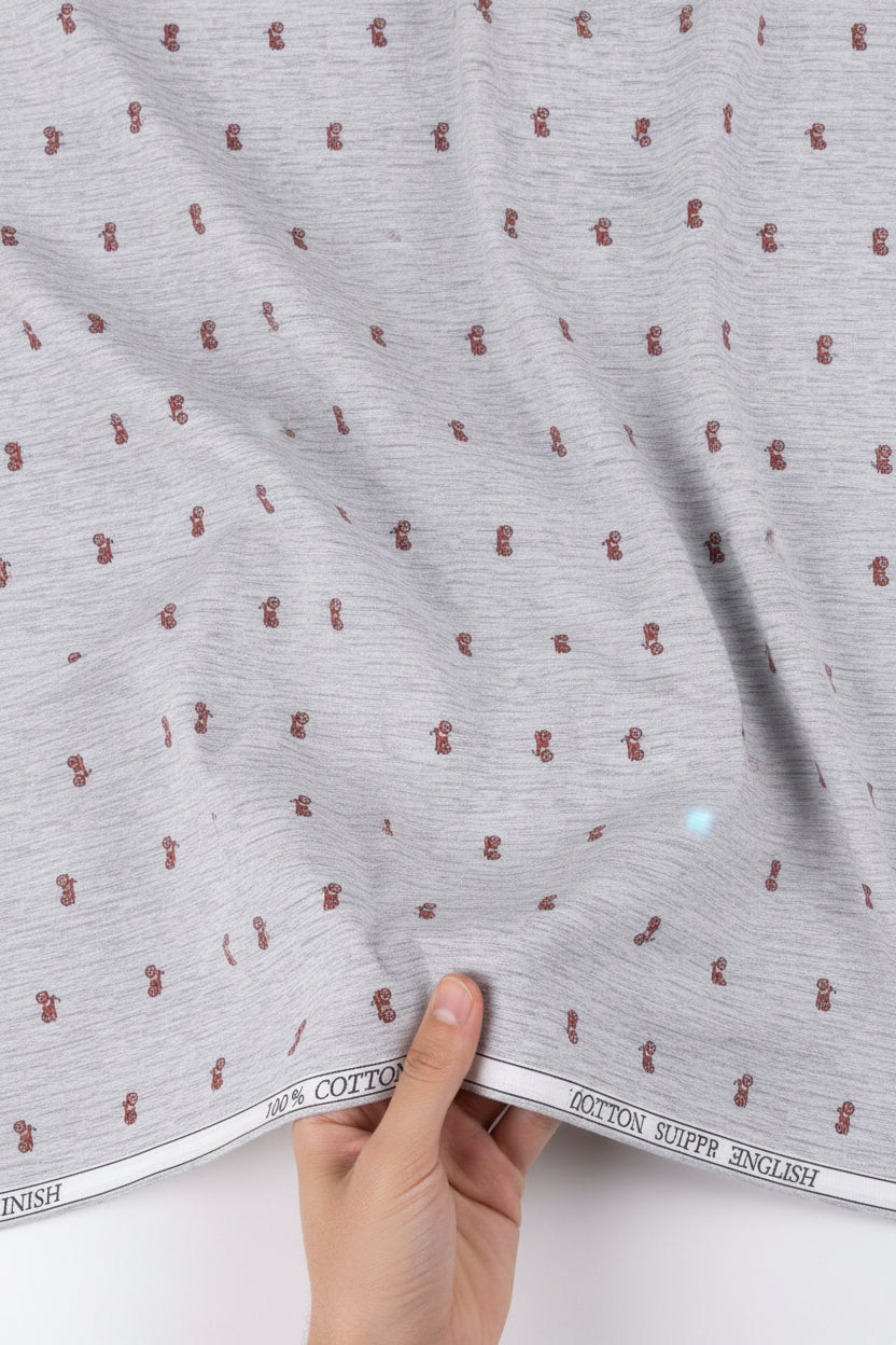 Grey unstitched Italian digital print cotton shirting fabric by PEE GEE, showcasing intricate design and high-quality texture.