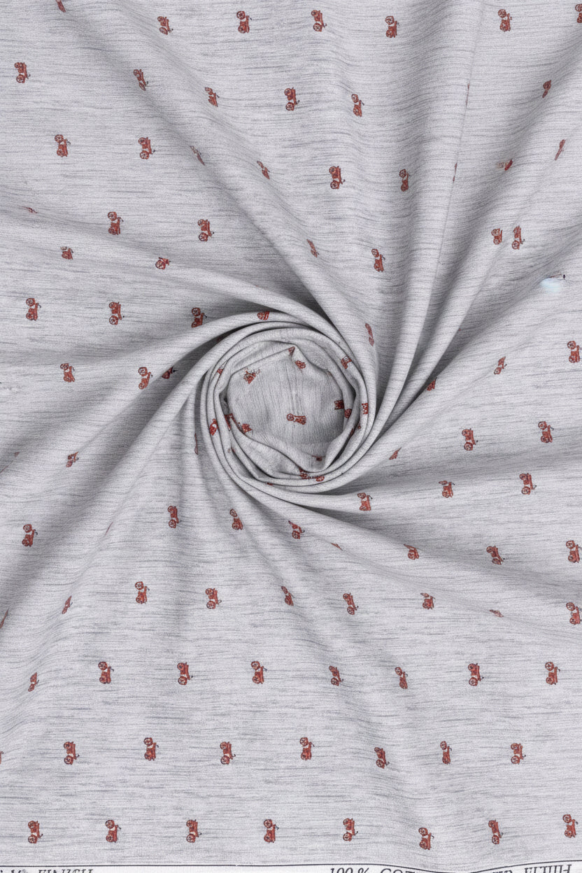 Grey unstitched Italian digital print cotton shirting fabric by PEE GEE, showcasing intricate pattern and soft texture.
