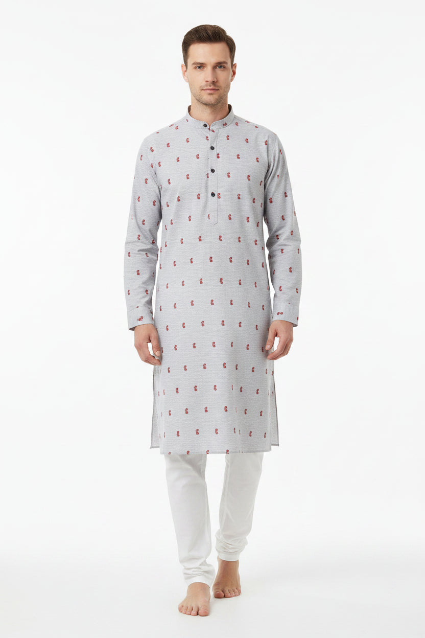 Grey unstitched Italian digital print cotton shirting fabric by Pee Gee, showcasing detailed floral design and lightweight texture.