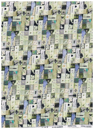 A square digital art print or textile pattern featuring a dense patchwork grid of small Japanese-style illustrated tiles in muted green, beige, blue, black, and white tones.