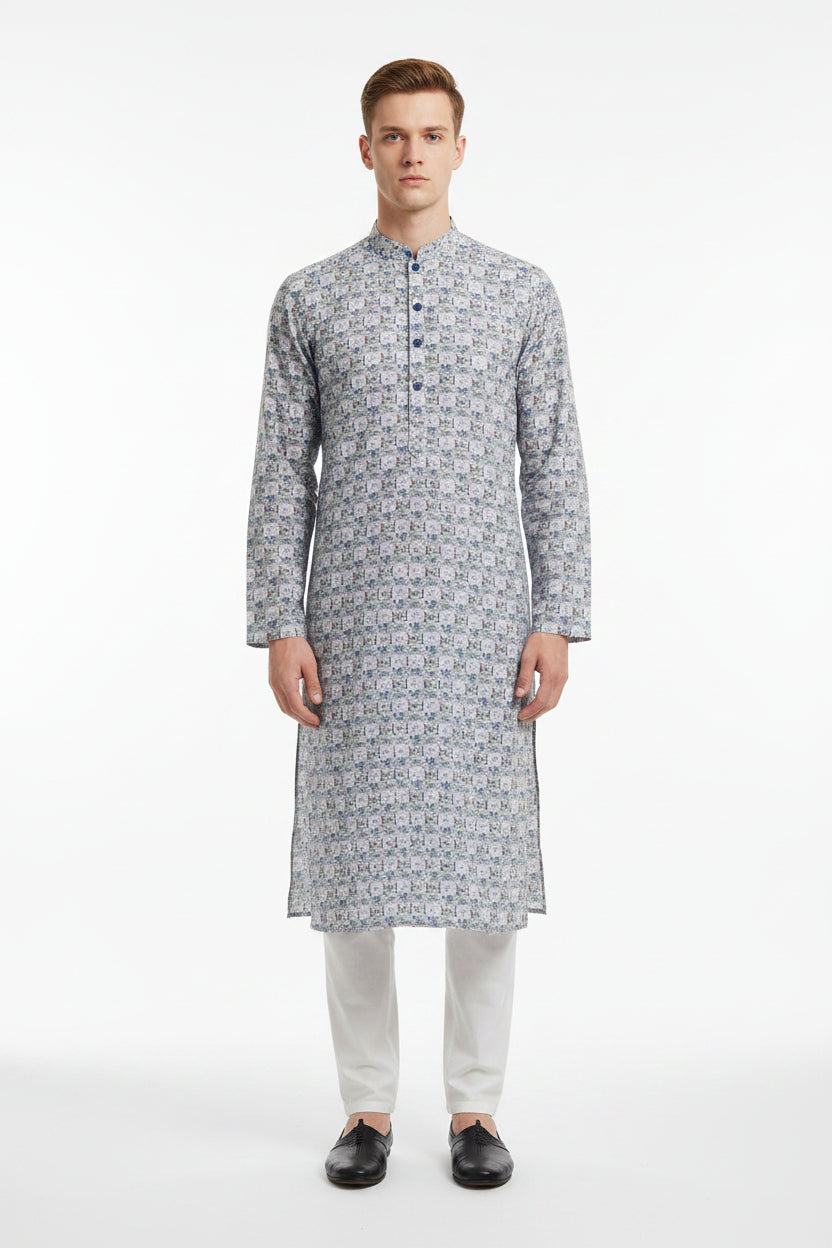 Lavender digital print cotton shirting fabric by PEE GEE, showing detailed floral design and soft fabric texture.