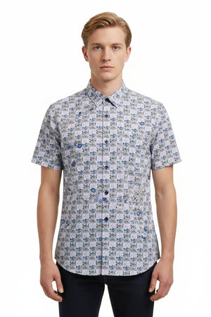 Lavender Pee Gee digital print cotton shirting fabric showing intricate floral patterns and soft fabric texture.