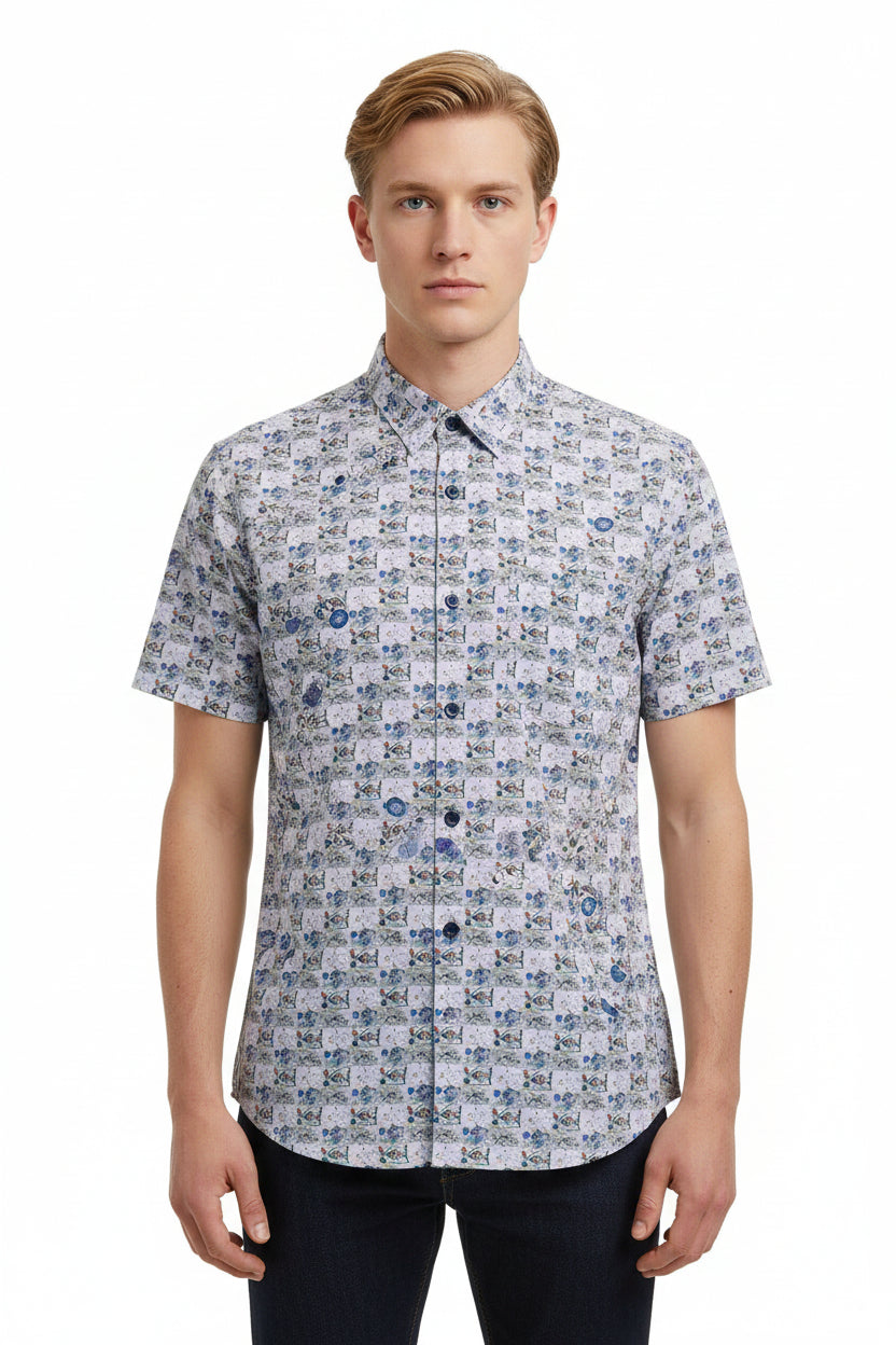 Lavender Pee Gee digital print cotton shirting fabric showing intricate floral patterns and soft fabric texture.