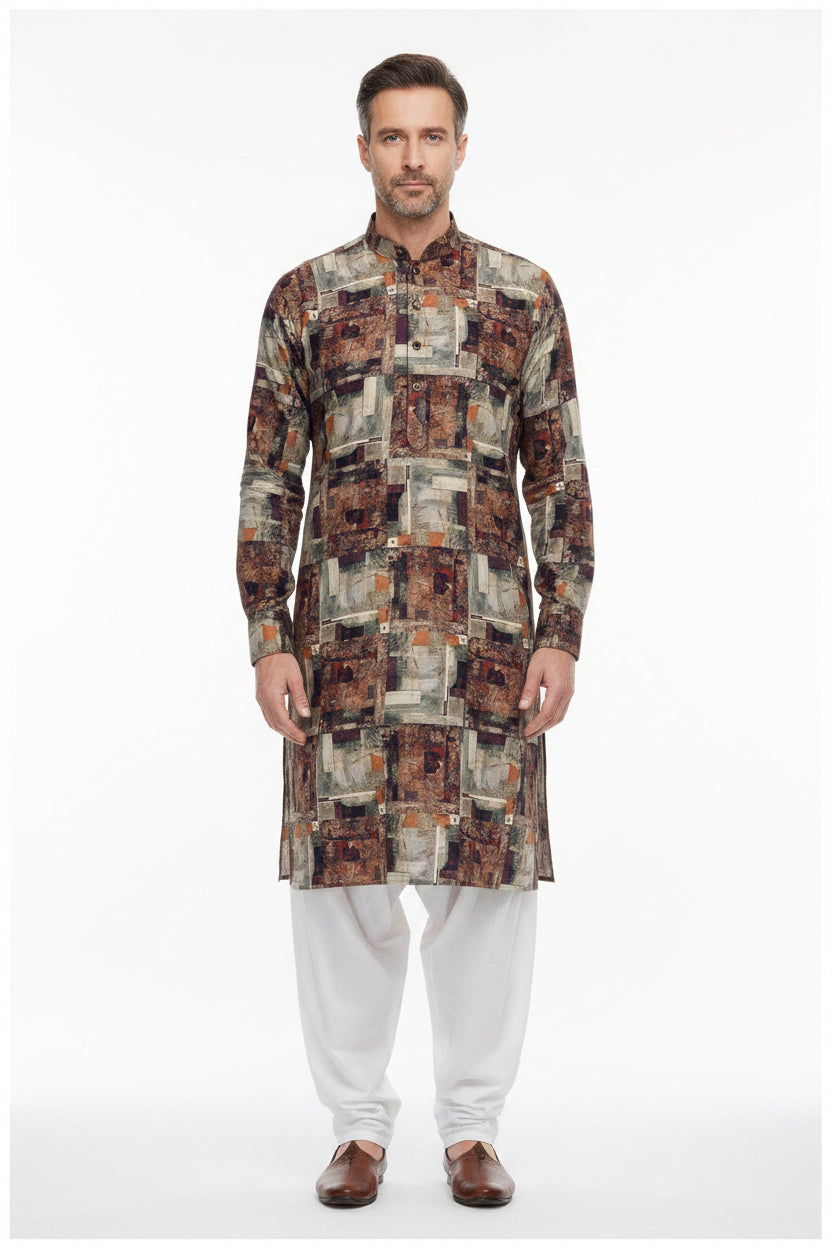 Brown Pee Gee digital print cotton shirting fabric with intricate patterns and soft texture, ideal for stylish shirts.