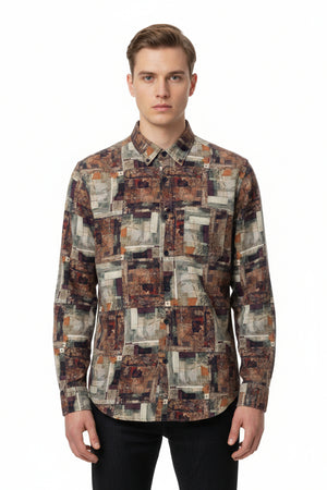 Brown Pee Gee digital print cotton shirting fabric featuring intricate patterns, ideal for stylish shirts and apparel.