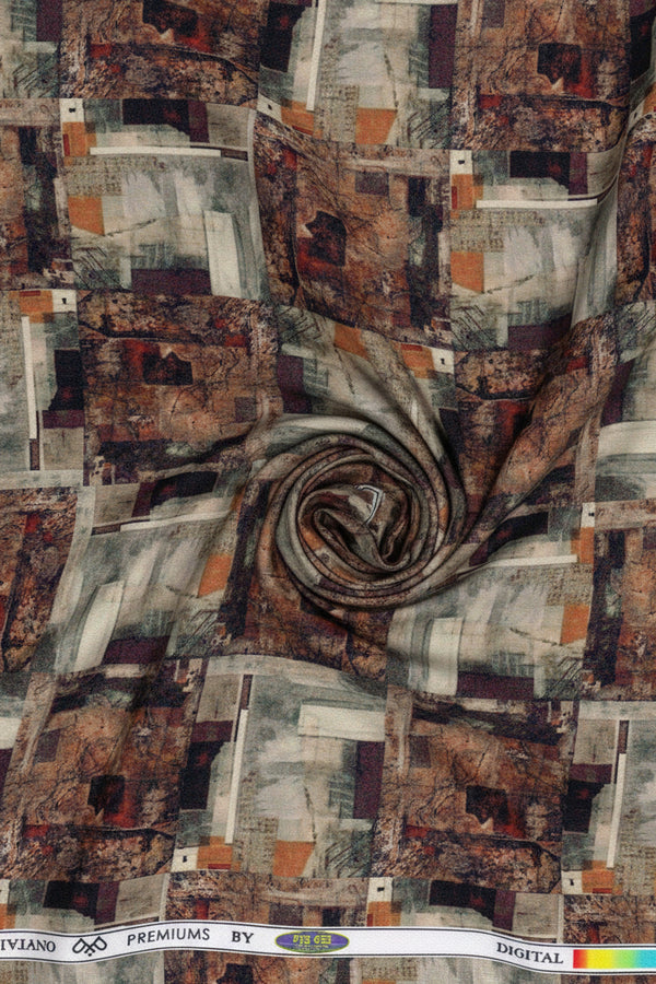 Textile swatch with a patchwork pattern in earthy tones.