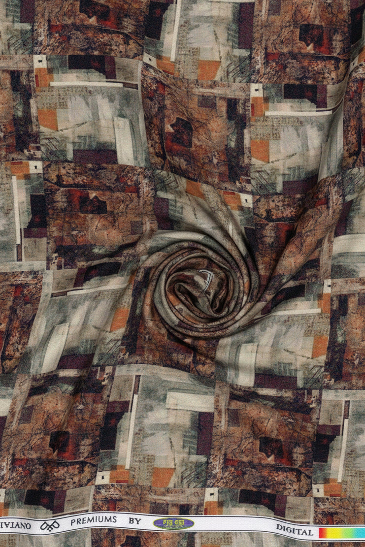 Brown Pee Gee digital print cotton shirting fabric with intricate patterns, ideal for stylish shirts and apparel.