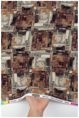 Pee Gee digital print cotton shirting fabric in brown with intricate patterns, ideal for stylish shirts and apparel.