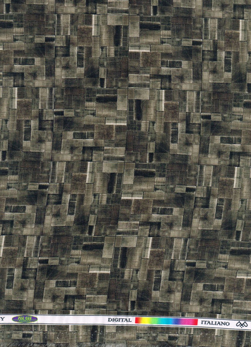 Olive green Pee Gee cotton shirt fabric with digital print, showing detailed pattern and fabric texture.