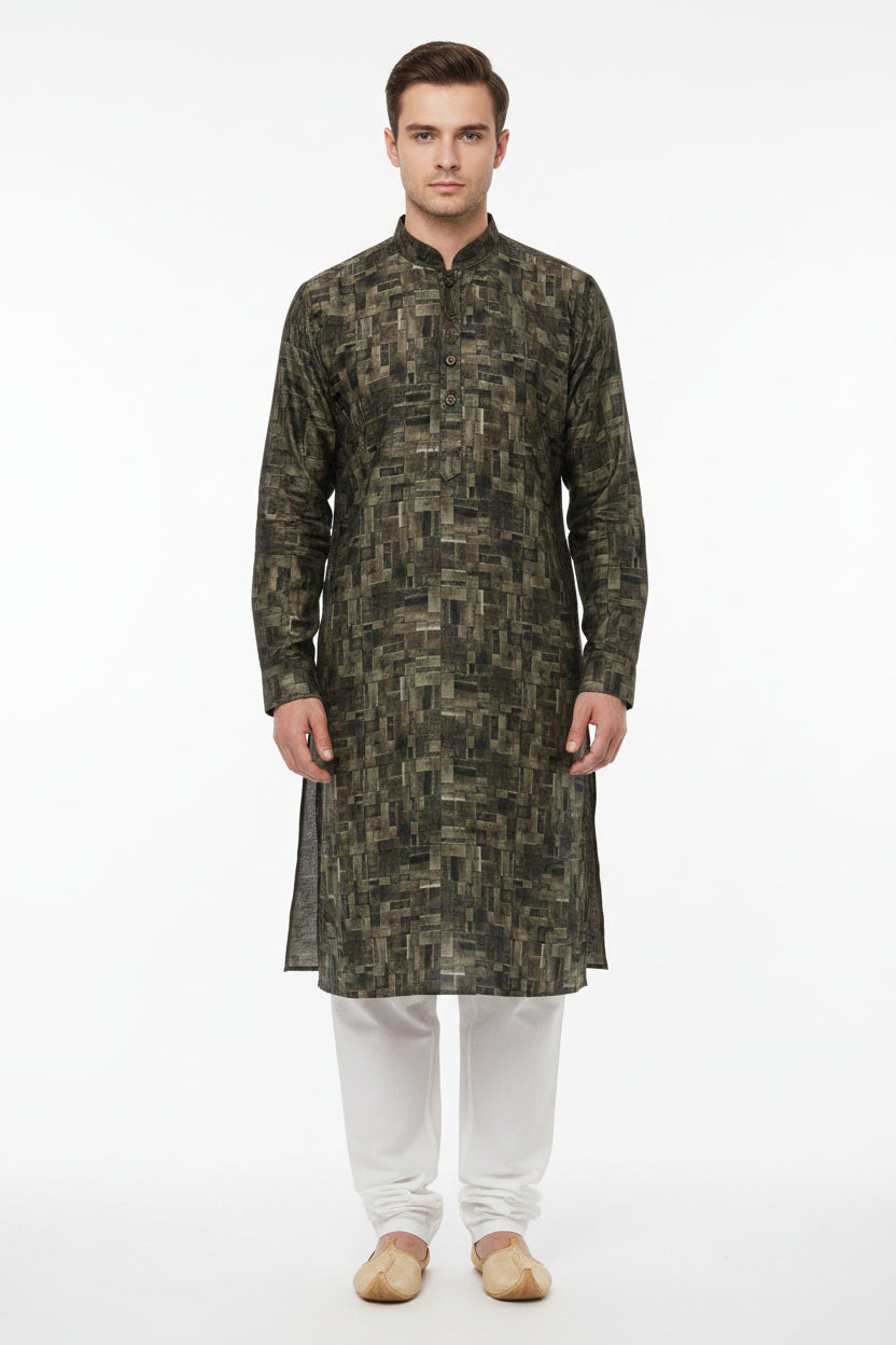 Olive green Pee Gee cotton shirt fabric with digital print pattern, close-up view of the fabric texture and design.