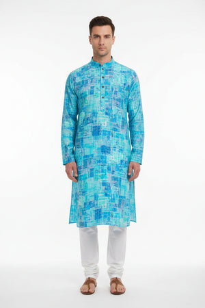 Blue digital print cotton shirting fabric by PEE GEE, showcasing intricate patterns and smooth texture, ideal for stylish shirts.