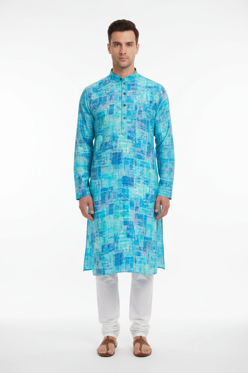 Blue digital print cotton shirting fabric by PEE GEE, showcasing intricate patterns and smooth texture, ideal for stylish shirts.