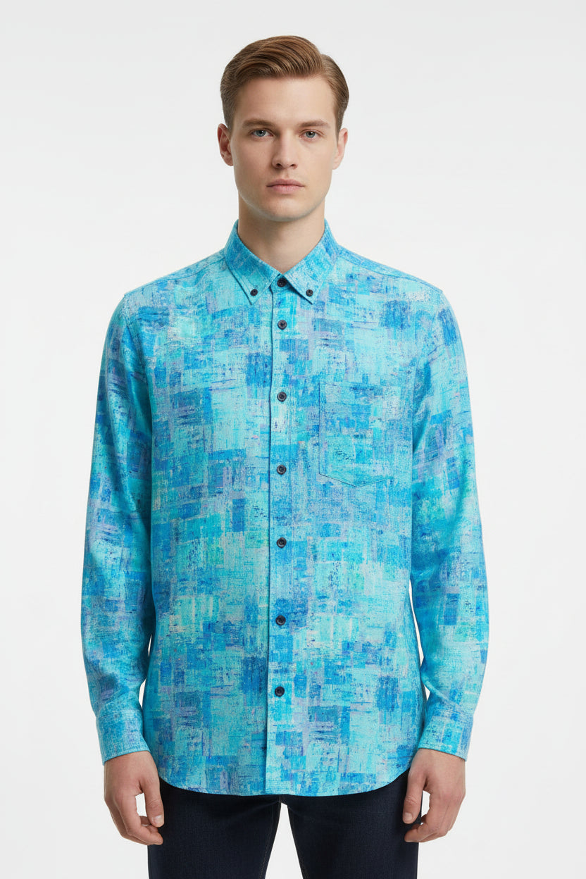 Blue digital print cotton shirting fabric by PEE GEE, unstitched material with intricate pattern for custom shirts.
