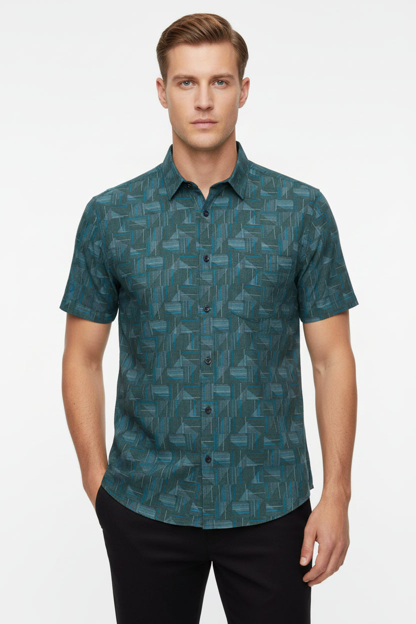 Sea green unstitched digital print cotton shirting fabric by PEE GEE, showcasing intricate digital floral patterns and soft cotton texture.
