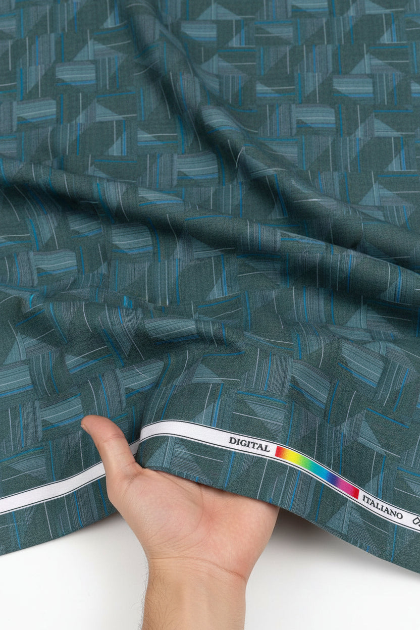 Sea green digital print cotton shirting fabric by Pee Gee, showcasing intricate unstitched fabric design for stylish shirts.