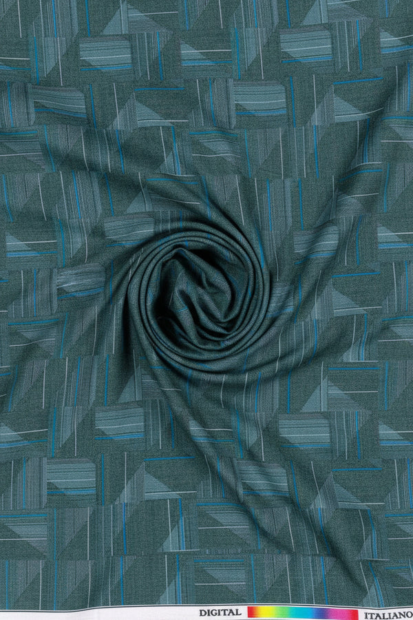 Sea green Pee Gee cotton shirt fabric with digital print showcasing intricate patterns and vibrant design on smooth cotton material.