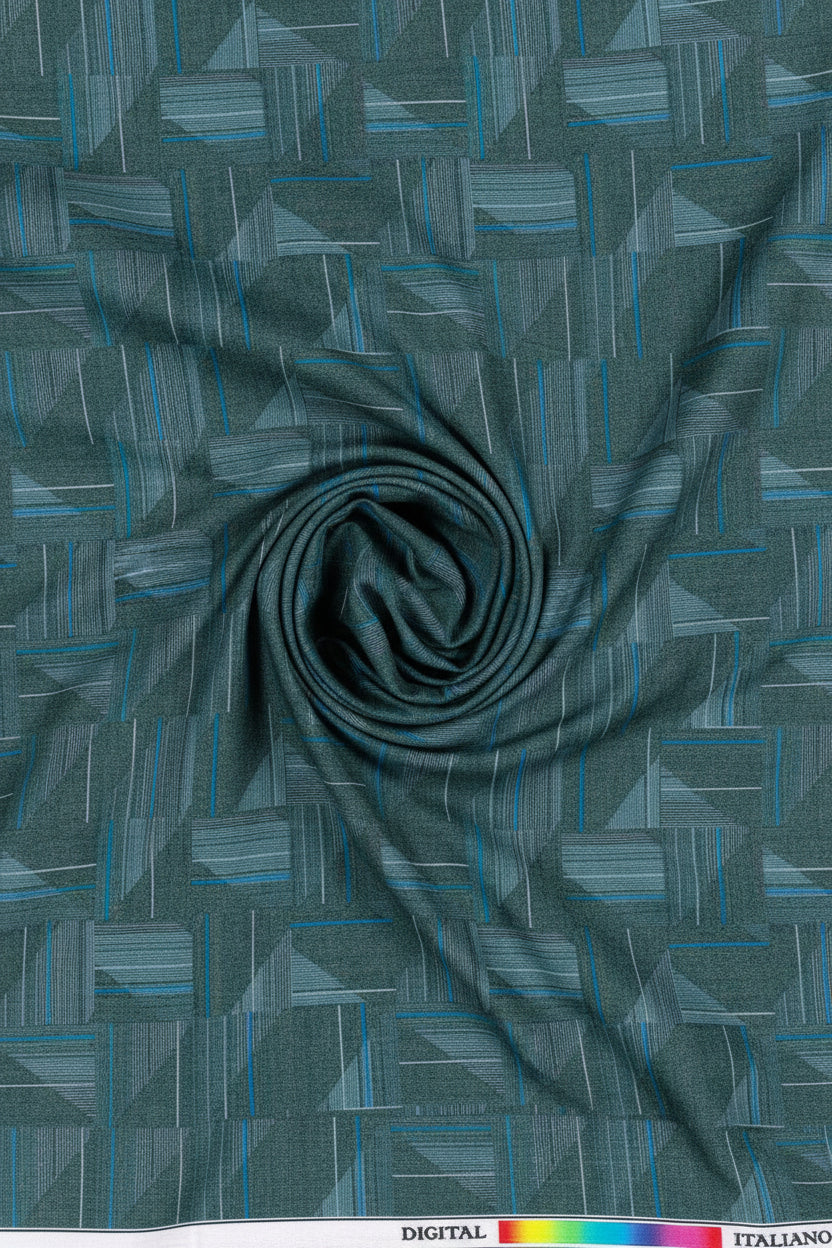 Sea green digital print cotton shirting fabric by PEE GEE, showcasing a luxurious unstitched fabric with intricate pattern details.